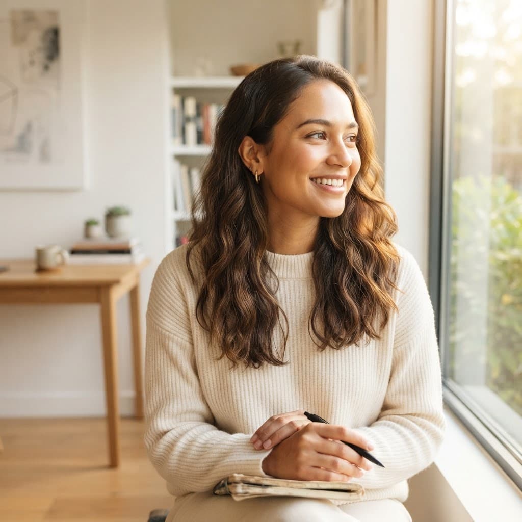 Étudiante souriante travaillant à son bureau
